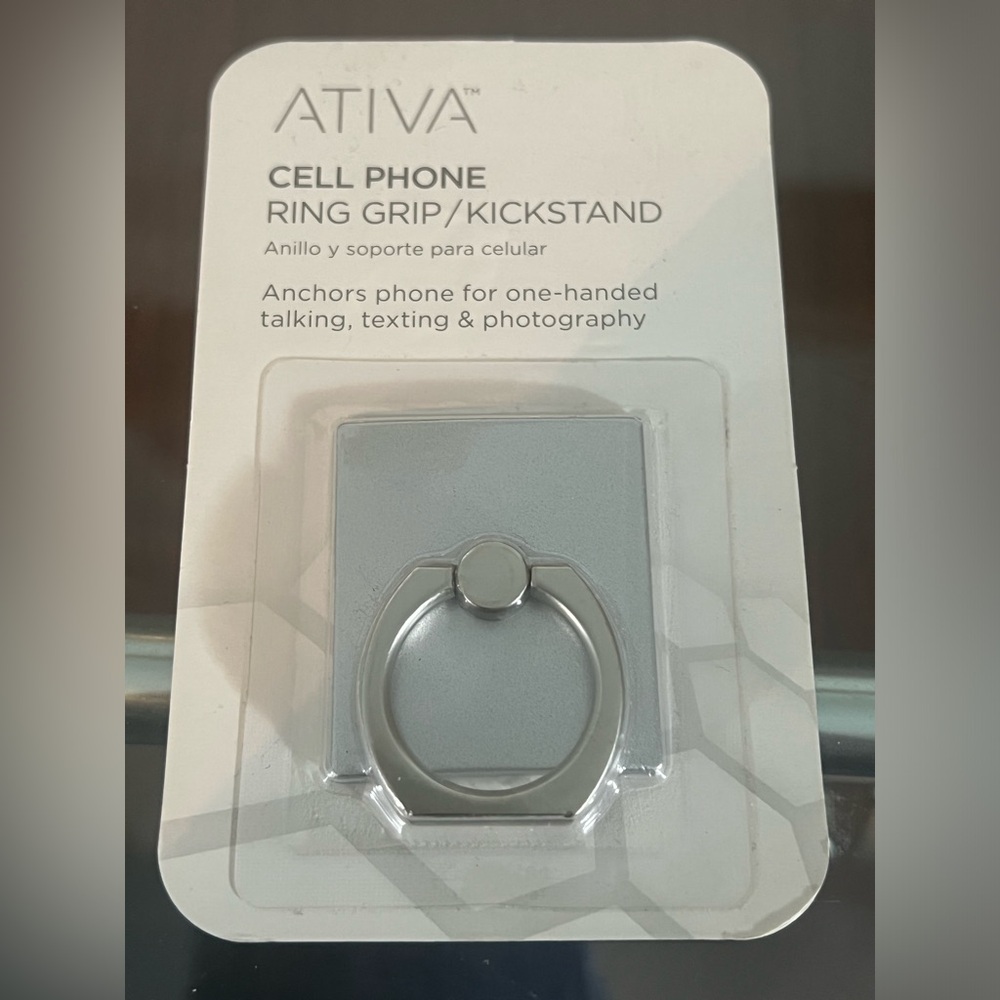 Ativa Cell Phone Ring/kick stand, reusable adhesive backing, silver toned